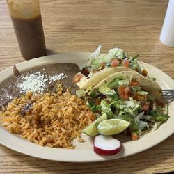 2 shrimp tacos, rice, beans and a small horchata