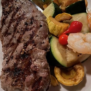 Finn's Fish House - Surf & Turf: 12oz Ribeye w/Shrimp Scampi and AMAZING seasonal veggies! - Seafood Near Me - Seaside, Oregon