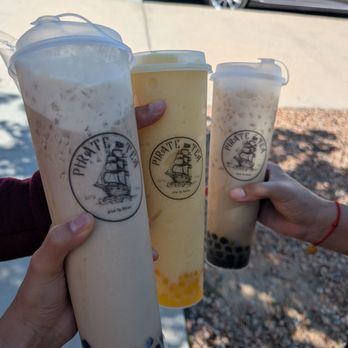 Pirate Tea - From Left to Right.  Spyglass&Snails (Brown Sugar) Hidden Doubloons (Mango & Lemon Smoothie) + Mango Boba! The Flying Dutchman (Chai) - Bubble Tea Near Me - Albuquerque, New Mexico