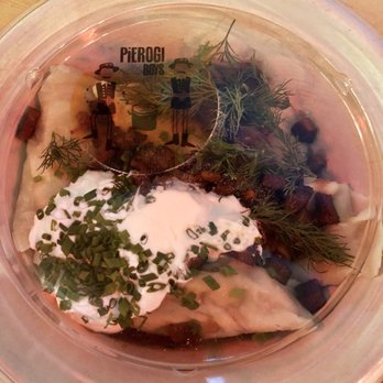 Pierogi Boys - Sample platter - 6 pierogis with gravy, caramelized onions, bacon, and sour cream - Polish Near Me - Brooklyn, New York Pierogi Boys - Sample platter - 6 pierogis with gravy, caramelized onions, bacon, and sour cream - Polish Near Me - Brooklyn, New York