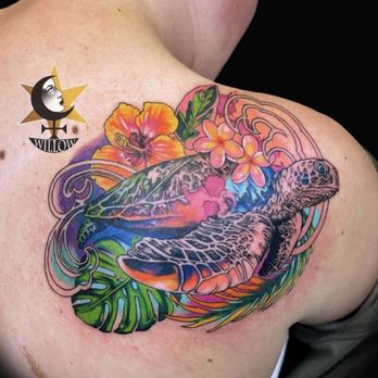Sink or Swim Tattoo - Technicolor sea turtle with hibiscus by Willow - Tattoo Near Me - Grover Beach, California Sink or Swim Tattoo - Technicolor sea turtle with hibiscus by Willow - Tattoo Near Me - Grover Beach, California
