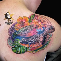 Sink or Swim Tattoo - Technicolor sea turtle with hibiscus by Willow
