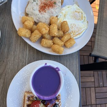 Vic's - Country fried steak with ube waffle side - Breakfast & Brunch Near Me - Martinez, California Vic's - Country fried steak with ube waffle side - Breakfast & Brunch Near Me - Martinez, California