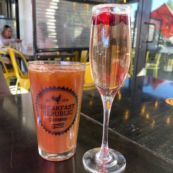 Breakfast Republic - Horchata Cold Brew (left) and Seasonal Cranberry Mimosa (right) - both alcoholic - Breakfast & Brunch Near Me - Irvine, California Breakfast Republic - Horchata Cold Brew (left) and Seasonal Cranberry Mimosa (right) - both alcoholic - Breakfast & Brunch Near Me - Irvine, California
