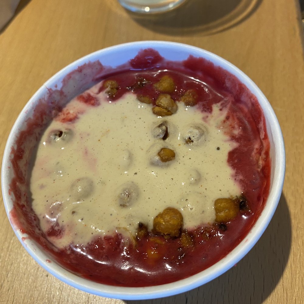 Harlow - Beet gazpacho with fried chickpeas and tahini. - Vegan Near Me - Portland, Oregon Harlow - Beet gazpacho with fried chickpeas and tahini. - Vegan Near Me - Portland, Oregon