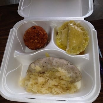 Hubert's Polish Kitchen - Chicken croquette, pierogi, delicious homemade white sausage (made by Hubert's father), and perfectly tart sauerkraut - Polish Near Me - Columbus, Ohio