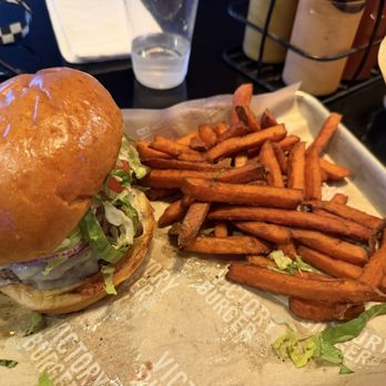 Victory Burger & Wings - Mushroom Swiss burger and sweet potato fries - Burgers Near Me - Las Vegas, Nevada Victory Burger & Wings - Mushroom Swiss burger and sweet potato fries - Burgers Near Me - Las Vegas, Nevada