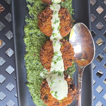 Top Hatters Kitchen and Bar - Mushroom and yam fritters with mint chutney.  Delish! - Asian Fusion Near Me - San Leandro, California