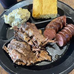 Buck's Steaks & Bar-B-Que - 2-meat combo (brisket and sausage) with cornbread and potato salad
