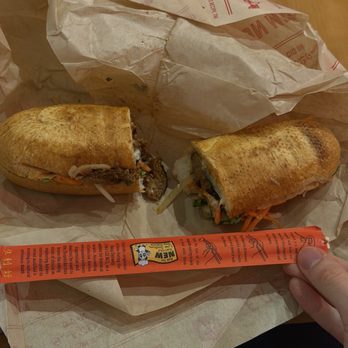 Bun Mee - Lemongrass Pork banh mi. Chopstick for scale - Vietnamese Near Me - New York, New York Bun Mee - Lemongrass Pork banh mi. Chopstick for scale - Vietnamese Near Me - New York, New York