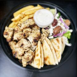 Firestix Greek Grill - Chicken Firestik Platter (served with Greek salad, fries, homemade tzatziki, pita)