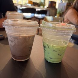 Toasted matcha (hojicha) and strawberry iced matcha Toasted matcha (hojicha) and strawberry iced matcha