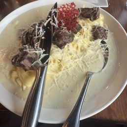 FETTUCCINE GORGONZOLA with filet mignon steak bites FETTUCCINE GORGONZOLA with filet mignon steak bites