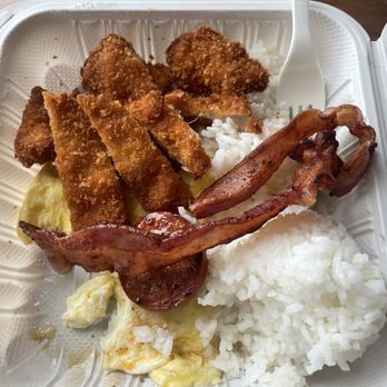 M & M BBQ - Chicken katsu, bacon, Portuguese sausage, egg and rice - bento #2 - Hawaiian Near Me - Aiea, Hawaii