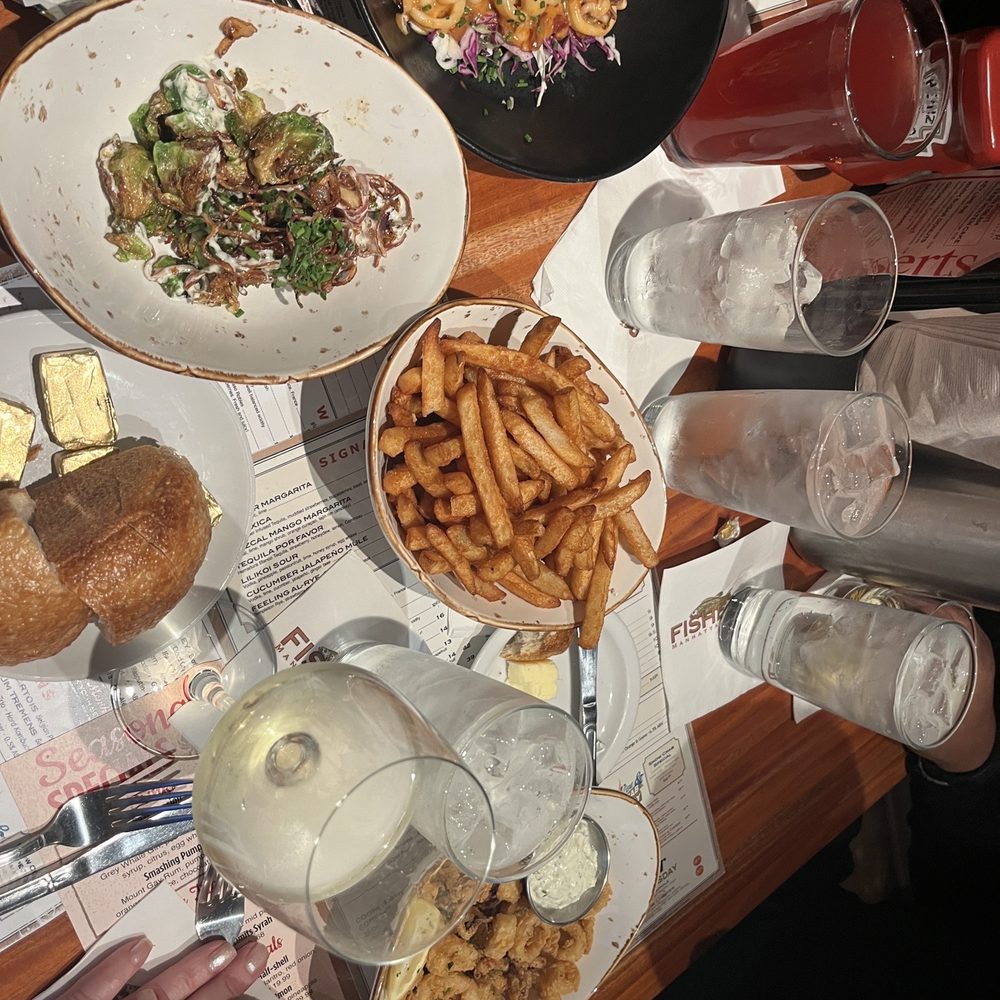 FishBar - Crispy Calamari, grilled Chipotle Calamari, fries, Roasted Brussel Sprouts - Seafood Near Me - Manhattan Beach, California