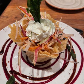 Donato & Co - SOTTO TERRA - seasonal root vegetable medley in a Grana Padano cheese crispy basket, red beet puree, homemade ricotta cheese, fried aromatic - Italian Near Me - Berkeley, California