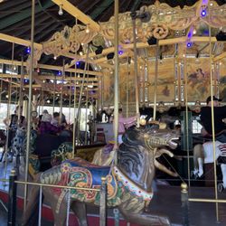 Carousel with lights and multi-colored horses on brass polls