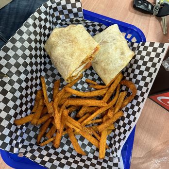 Hit The Curve - Chicken wrap and sweet potato fries - Burgers Near Me - Moss Point, Mississippi Hit The Curve - Chicken wrap and sweet potato fries - Burgers Near Me - Moss Point, Mississippi