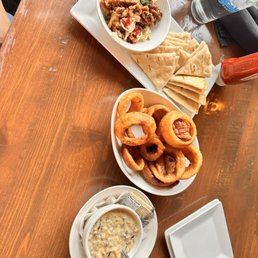 Whipped Feta with pecans and a drizzle of something delicious Onion rings amazing Wild Rice Soup scrumptious