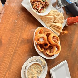 Ruttger's Birchmont Lodge - Whipped Feta with pecans and a drizzle of something delicious Onion rings amazing Wild Rice Soup scrumptious