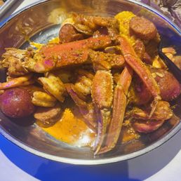 Crab legs, sausage, corn , potatoes and shrimp boil.