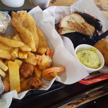 Ray's Real Pit BBQ Shack - Fried catfish, shrimp, fries, and hush puppies. Wife had pork ribs with fried corn and potato salad. - Barbeque Near Me - Houston, Texas