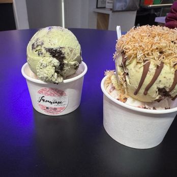 Jasmine Creamery - Left : Cookies 'n Matcha (4 oz) & Strawberry balsamic Right: Dubai Chocolate Pistachio & Strawberry balsamic. - Ice Cream & Frozen Yogurt Near Me - San Gabriel, California