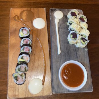 Uchiko Austin - Yellow tail roll to left. Crunchy Tuna to the right. - Sushi Bars Near Me - Austin, Texas Uchiko Austin - Yellow tail roll to left. Crunchy Tuna to the right. - Sushi Bars Near Me - Austin, Texas