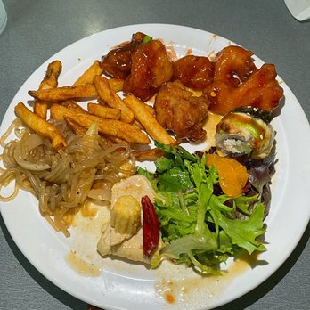 Buffet Palace - Jap Chae, fries, orange peel shrimp, eel sushi, Mandarin pecan salad, and curry coconut chicken - Chinese Near Me - Austin, Texas