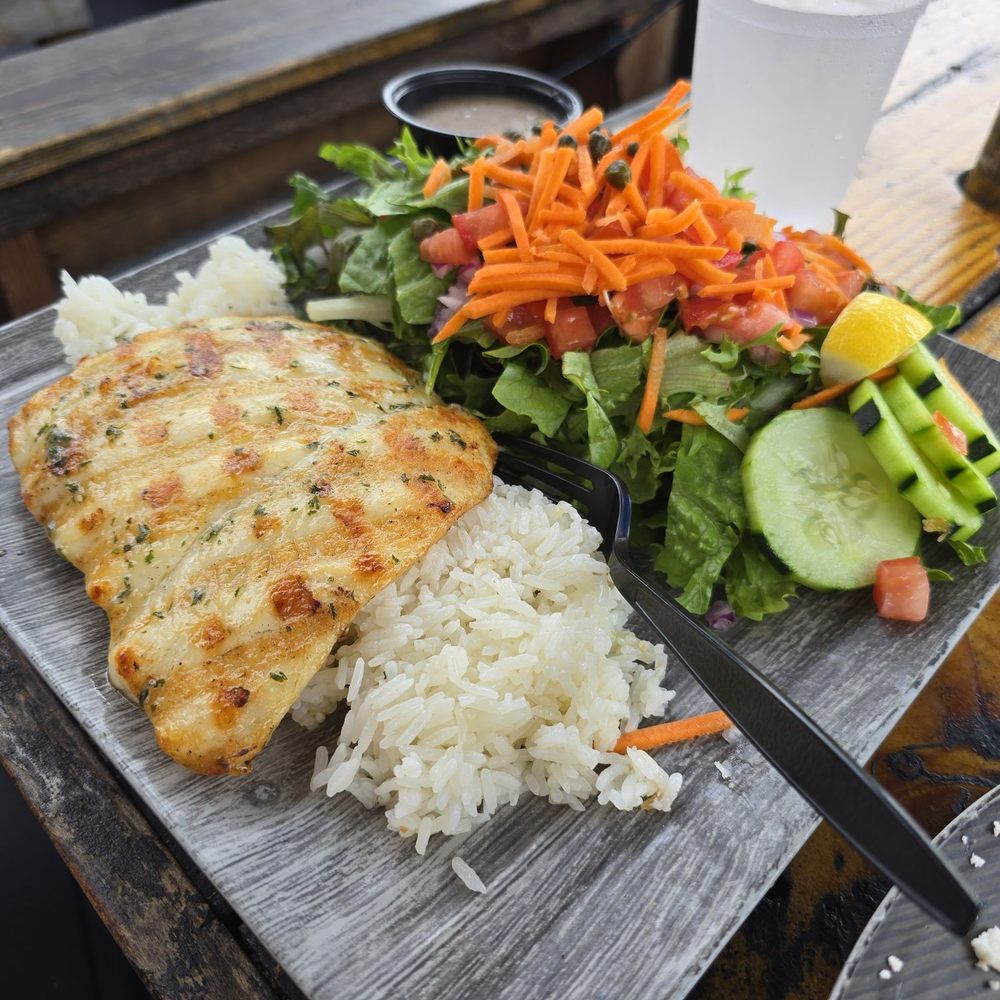 Blue Water - Halibut plate with lemon garlic butter and salad - Seafood Near Me - San Diego, California Blue Water - Halibut plate with lemon garlic butter and salad - Seafood Near Me - San Diego, California