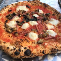 Santa Maria Pizzeria - Santa Rosa pizza: tomato sauce, smoked mozzarella, salame di Napoli and roasted aubergines (eggplants)