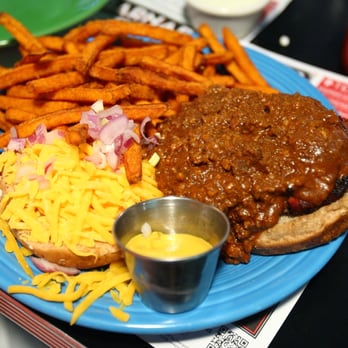 Barnaby's Cafe - Texas Chili Burger with Sweet Potato Fries - American Near Me - Houston, Texas Barnaby's Cafe - Texas Chili Burger with Sweet Potato Fries - American Near Me - Houston, Texas