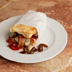 ALL ROADS Pinseria + Enoteca - ST. ANGELO PANINI - porchetta, smoked scamorza, grilled
peppers, balsamic sweet onions,
and romesco on signature pinsa bread.