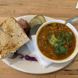 Ham and Brie sandwich and Mexican Chicken Chili Ham and Brie sandwich and Mexican Chicken Chili
