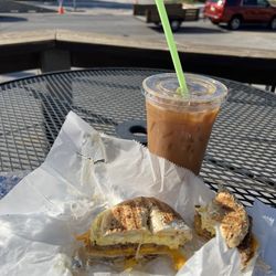 Java Java Cafe - Cold Brew (w/ espresso, vanilla, milk) Breakfast Sandwich (saysage, everything bagel)