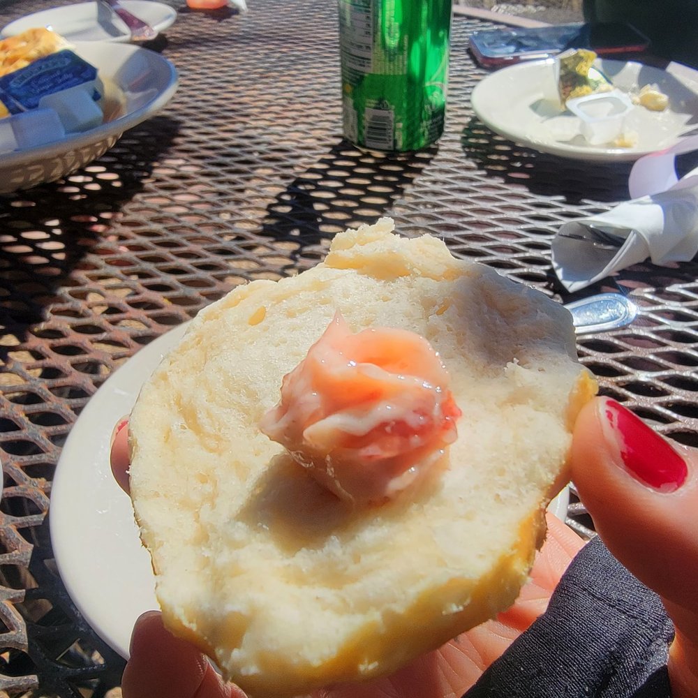 Biscuit with strawberry butter.