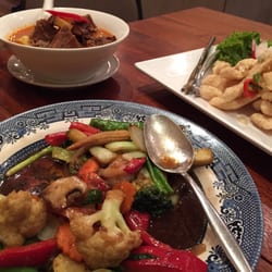 Ta Ta Thai Restaurant - Masaman beef, prawns with broccoli and stir fry veg in oyster sauce, salt and pepper calamari