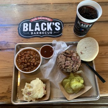 Black's Barbecue Austin - Pulled pork sandwich, potato salad, baked beans - Barbeque Near Me - Austin, Texas