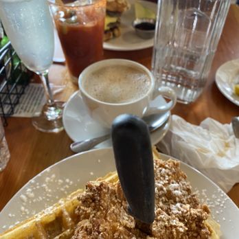 Gigi's Cafe - GF chicken & waffles and a waffle breakfast sandwich, lavender mimosa, oat milk cappuccino and Bloody Mary - Cafes Near Me - Portland, Oregon Gigi's Cafe - GF chicken & waffles and a waffle breakfast sandwich, lavender mimosa, oat milk cappuccino and Bloody Mary - Cafes Near Me - Portland, Oregon
