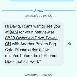 Text confirmation of the interview with the gm at the owenfeld drive Powell location.