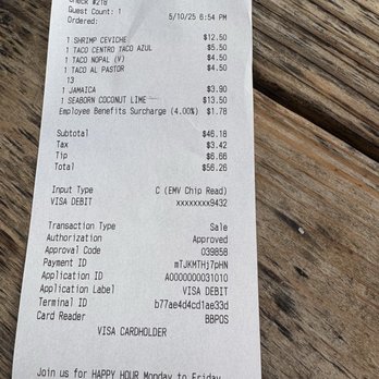 TACO CENTRO - Our receipt.. a little pricey for certain items - Mexican Near Me - San Diego, California
