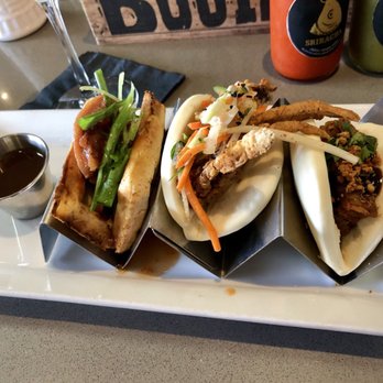 The Clever Koi - Chicken N' Waffle (left), Soft Shell Crab (center) and Pork Belly (right) - Asian Fusion Near Me - Phoenix, Arizona The Clever Koi - Chicken N' Waffle (left), Soft Shell Crab (center) and Pork Belly (right) - Asian Fusion Near Me - Phoenix, Arizona