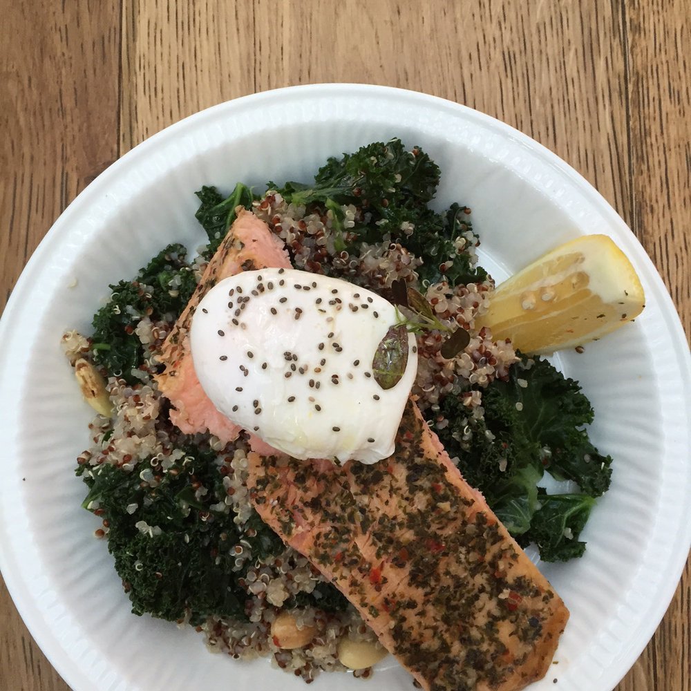 "Sea" Salmon, poached egg, on a kale and quinoa salad "Sea" Salmon, poached egg, on a kale and quinoa salad