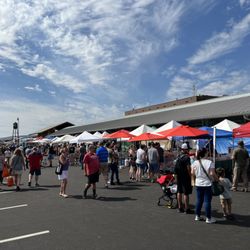 Downtown Yakima Farmers Market - Outside the Rotary Marketplace lines with hot food vendors on a Sunday during Downtown Yakima Farmers Market