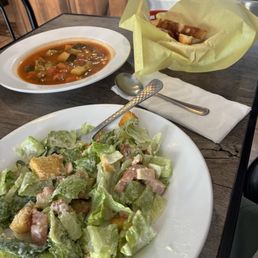 Minestrone and Caesar salad. Came with delicious bread sticks Minestrone and Caesar salad. Came with delicious bread sticks