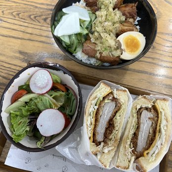 Momonoki - pork belly bowl cheese and pork sando with side salad - Cafes Near Me - Atlanta, Georgia Momonoki - pork belly bowl cheese and pork sando with side salad - Cafes Near Me - Atlanta, Georgia