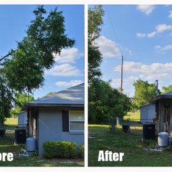Before & After of a large tree hanging over a home.