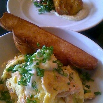Patina 250 - Salmon scramble ($17.00). Very good! Crab cake in the background. Was good, as well. A bit pricy ($21.) for the portion, though. - New American Near Me - Buffalo, New York