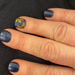 Gel Nails - Navy Blue Matte Gel Manicure with Leaves