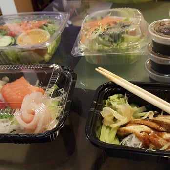 Sushi To Go - Spring salad, miso soup, regular sashimi dinner and an order of eel sushimi are featured here. All very good. - Sushi Bars Near Me - Marlton, New Jersey
